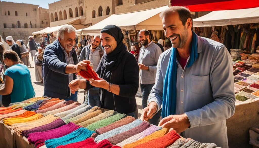 Two people bargaining at a vibrant Moroccan souk, demonstrating a typical market scene with negotiations over goods.